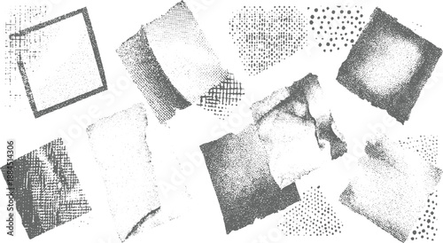 Collage of abstract including stippling crosshatching dots and torn paper edges for diverse projects