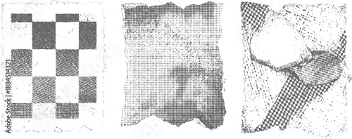 Monochrome distressed grunge textures with checkerboard patterns and torn paper edges creating a vintage abstract aesthetic