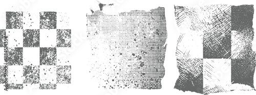 Monochrome distressed grunge textures featuring checkerboard patterns, splatters, and linear scratches for abstract backgrounds