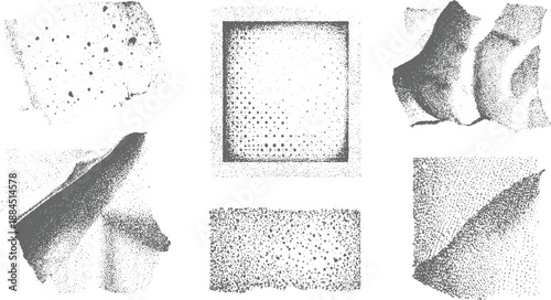 Abstract monochrome dot patterns and textures with varying density and irregular shapes creating a sense of depth and organic form