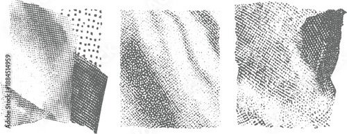 Abstract grayscale textures showcasing crumpled paper effects, dot patterns, and distressed edges for a vintage artistic background