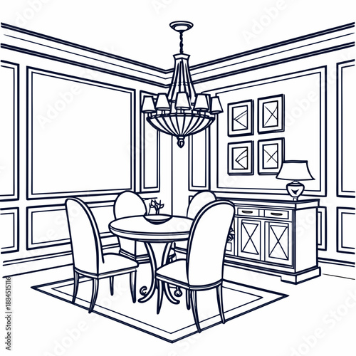 Elegant dining room interior sketch with chandelier, round table, four chairs, and sideboard, line art