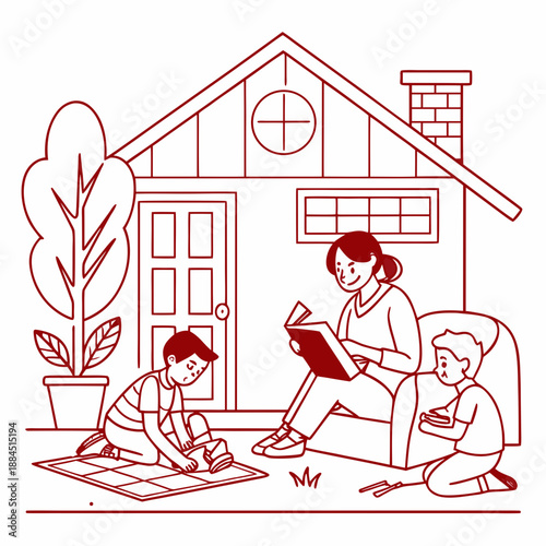 Family enjoying time together outdoors in front of their house, mother reading a book while children play on the lawn, line art illustration