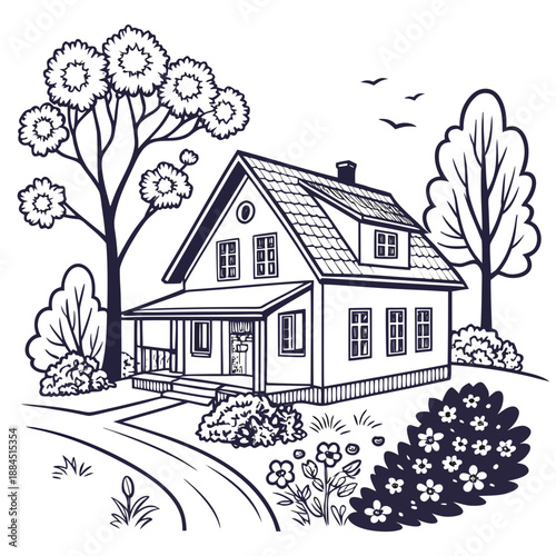 Charming country house with trees and garden outline drawing