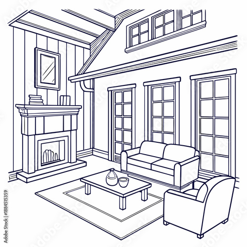 Cozy living room interior with fireplace, sofa, armchair, and coffee table line art