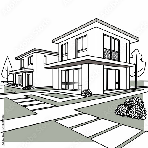 Modern twostory detached houses architectural sketch exterior view black and white line art