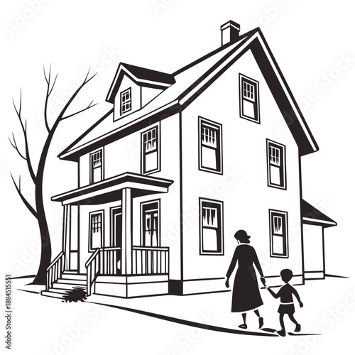 Mother and child walking towards house