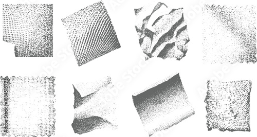 Group of eight monochrome abstract textured paper pieces with stippled dots, lines, and torn edges offering a distressed and artistic visual composition
