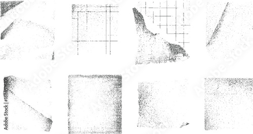 Set of eight abstract grayscale textured backgrounds with distressed grunge effects and subtle linear and dot patterns for applications