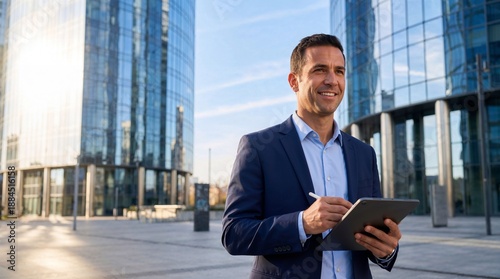 A smiling businessman in a suit holding a tablet and pen in front of modern glass office buildings