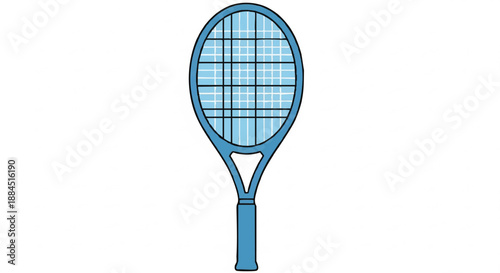 A blue tennis racket with a grid pattern on the strings and a solid handle against a clean white background.