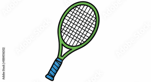A green tennis racket with blue handle and black strings on a white background, shot in a flat lay style with a focus on sports equipment.