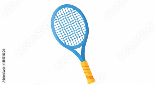 A blue and yellow tennis racket with a white background, used for playing racket tennis, depicted in a simple graphic style.