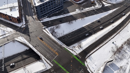 Tablou pe pânză Rochester, NY Inner city downtown travel on roadways during winter with snow
