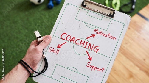 A coach's hand holding a clipboard with a soccer field diagram and coaching strategy written in red marker.