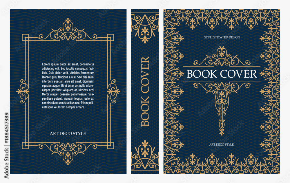 Fototapeta premium Classic vintage book cover and spine with gold and black art deco, art nouveau ornament, decorative frame, elegant retro style for classic publications, posters, artistic layouts