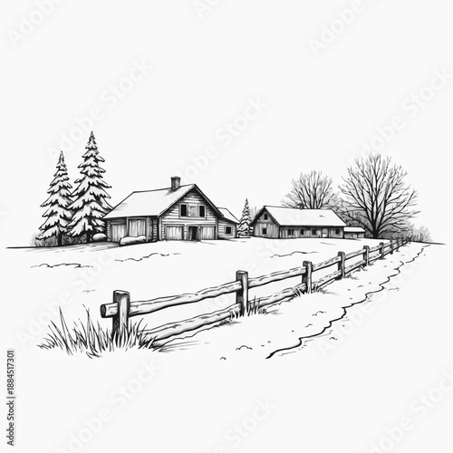 Winter landscape with snow-covered houses and trees in sketch style  