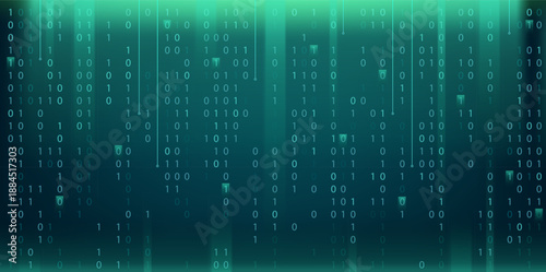 Binary code matrix. Vector illustration of digital technology hacking binary code and connecting dots lines. AI big data science, Internet network connection, computer streaming numbers. Program hack