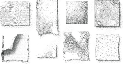 Collection of abstract grayscale textures with wavy lines, dots, and torn paper edges grunge distressed
