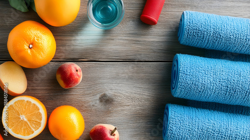 Fresh fruit and gym essentials on wooden table