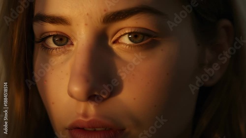 Holding female gaze, eyes blinking as sidelight shifting in studio for study, showing stud earring