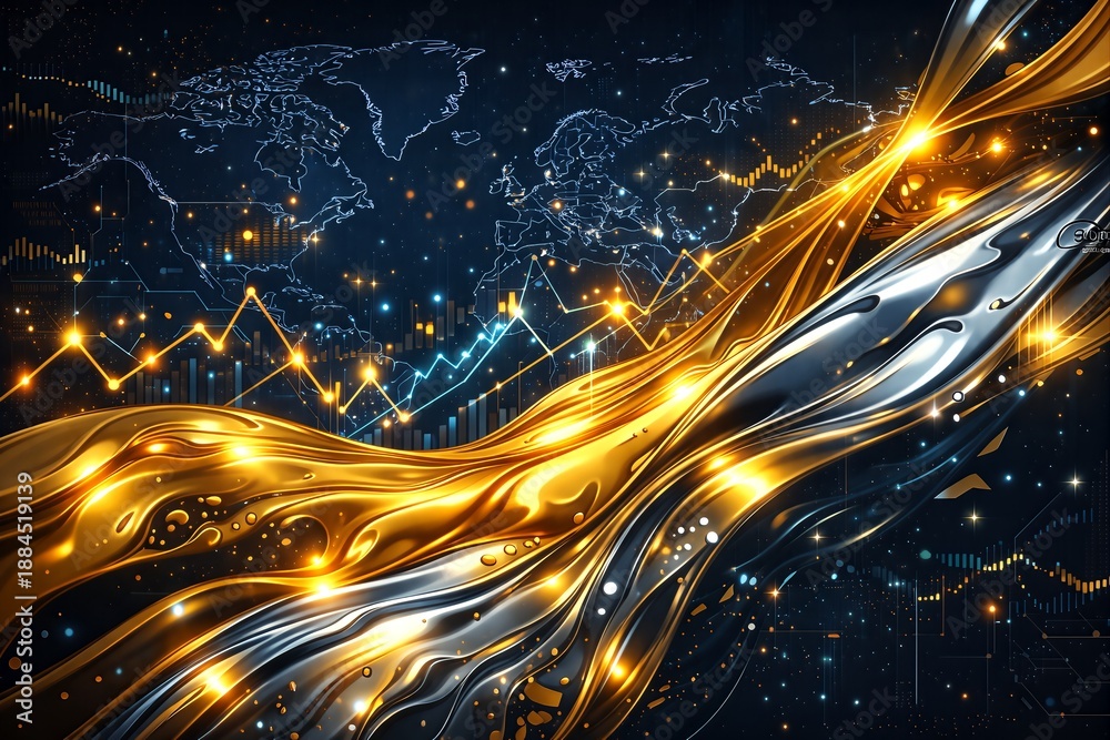 Fototapeta premium Abstract glowing lines and lights on a dark background with world map