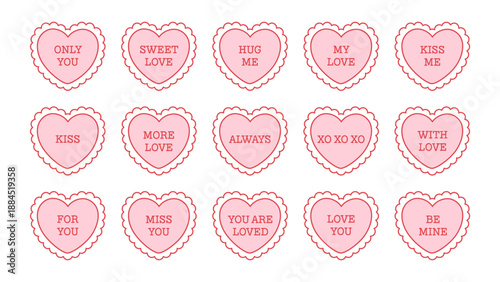 Cute outline hearts with romantic messages. Hearts with love inscriptions. Valentine's day elements. Flat vector illustration