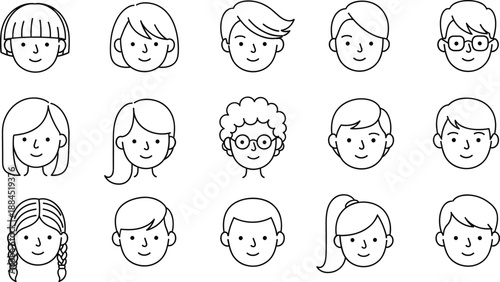 Cute children face icons vector set with different hairstyles and expressions in simple line art style isolated on white background