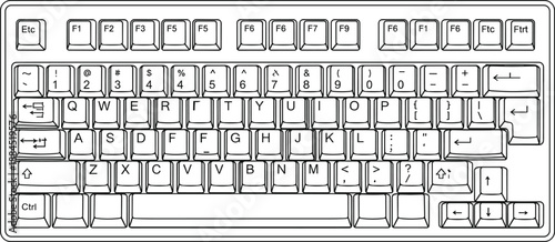 Computer keyboard line art vector illustration with detailed keys layout isolated on white background for technology and office design