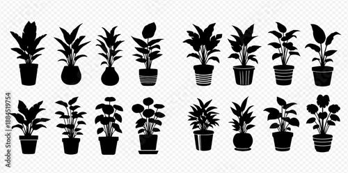 Collection of various potted houseplant silhouettes, including different types of foliage and decorative pots, on a transparent background.