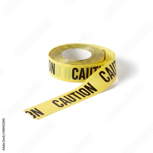 Yellow caution tape roll with black text isolated on white safety warning and restricted area barrier
