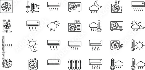 Collection of Simple Line Icons Representing Climate Control Systems and Weather Elements