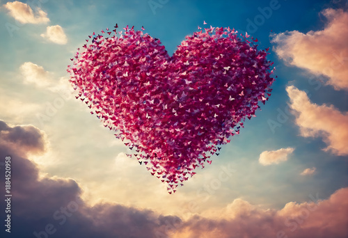 Heart on sky made from clouds with butterflies