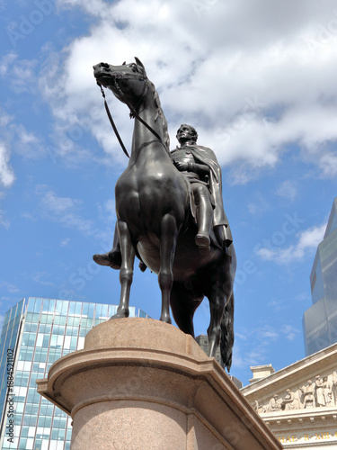 The equestrian statue of the Duke of Wellington, a sculpture of Arthur Wellesley, 1st Duke of Wellington, a British soldier and statesman, located at the Royal Exchange in London, UK