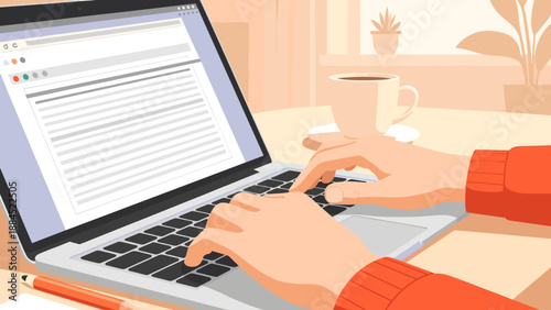Hands typing on a laptop keyboard with a cup of coffee and a plant in the background, illustrating remote work or study.