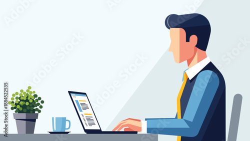 A professional man in a suit and tie is focused on his work, typing on a laptop at his desk with a coffee cup and a potted plant nearby.