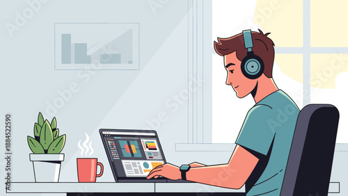 A young man wearing headphones is focused on his laptop while working at a desk with a plant and coffee.