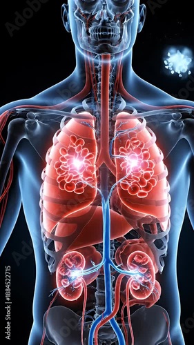 Vertical Cross Section of Human Body Illustrating Homeostasis with Highlighted Lungs Kidneys and Blood Vessels on a