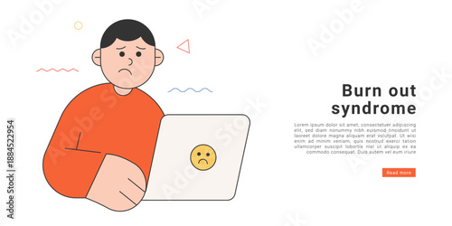 Flat illustration of stressed man working on laptop, showing burnout syndrome, work stress and mental health problem, office fatigue, anxiety, and job pressure concept.
