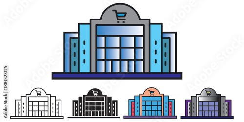 A vibrant illustration of a modern shopping mall building featuring diverse design styles and color palettes