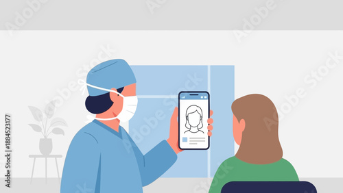 Medical professional in blue scrubs showing a patient their facial scan on a smartphone screen in a clinical environment from a slight angle.