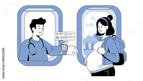 A doctor giving medical advice to a pregnant woman through a digital interface, illustrating a telemedicine consultation between healthcare provider and expectant mother via video call.