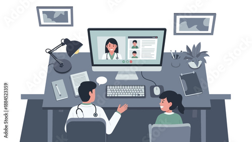 A doctor and patient engage in a virtual consultation on a computer screen in a modern office setting from a rear viewpoint.