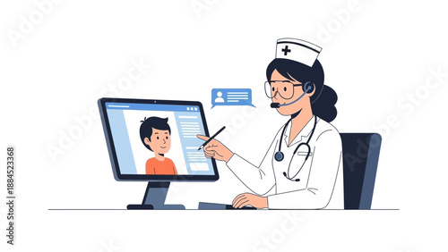 Medical professional consulting with patient remotely on computer screen with video call and chat interface in a professional office setting