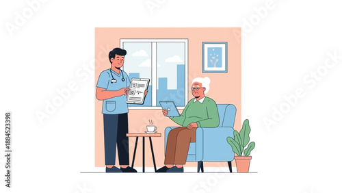 A doctor in blue scrubs stands beside a patient sitting on a blue couch holding a clipboard, with a side table and potted plant nearby, in a calm indoor setting.