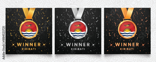 A prestigious set of gold, silver, and bronze medals, each adorned with the national flag of Kiribati, presented on a dark background embellished with festive confetti and shimmering highlights, ideal