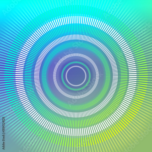 The dotted line is a continuous circle, white, alternating yellow, cascading from small to large sizes on gradient green and blue background, decor, fashion, copy space