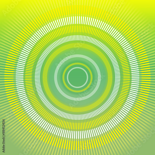 The dotted line is a continuous circle, white, alternating yellow, cascading from small to large sizes on gradient green and yellow background, decor, fashion, copy space