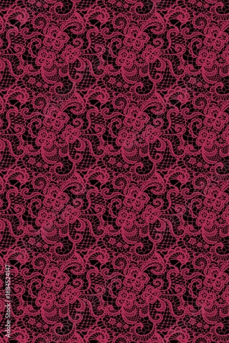 Dark Pink Lace Floral Ornamental Wallpaper on Black Background 