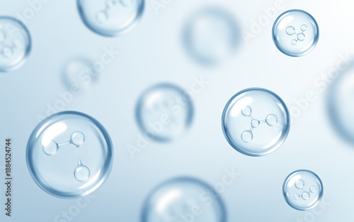 Molecules inside bubbles on blue background. Cosmetic moisturizer water molecule. Cosmetic essence. Concept skin care cosmetics solution. Vector illustration